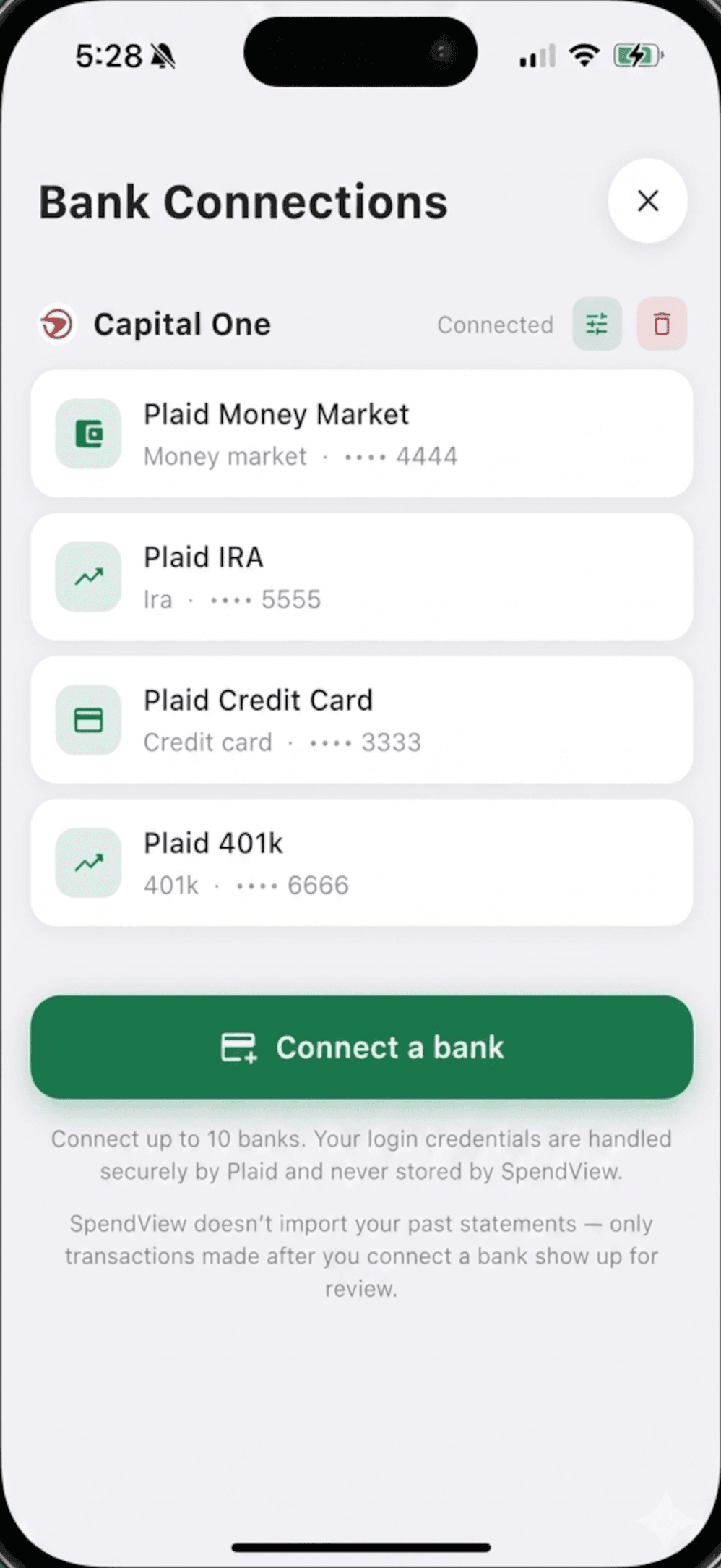 SpendView bank connections screen